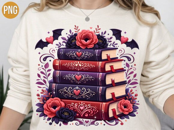Gothic Book Stack Floral Bat Art PNG