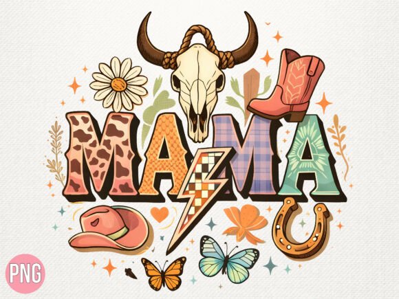 Western Cowgirl Mama Bull Skull PNG